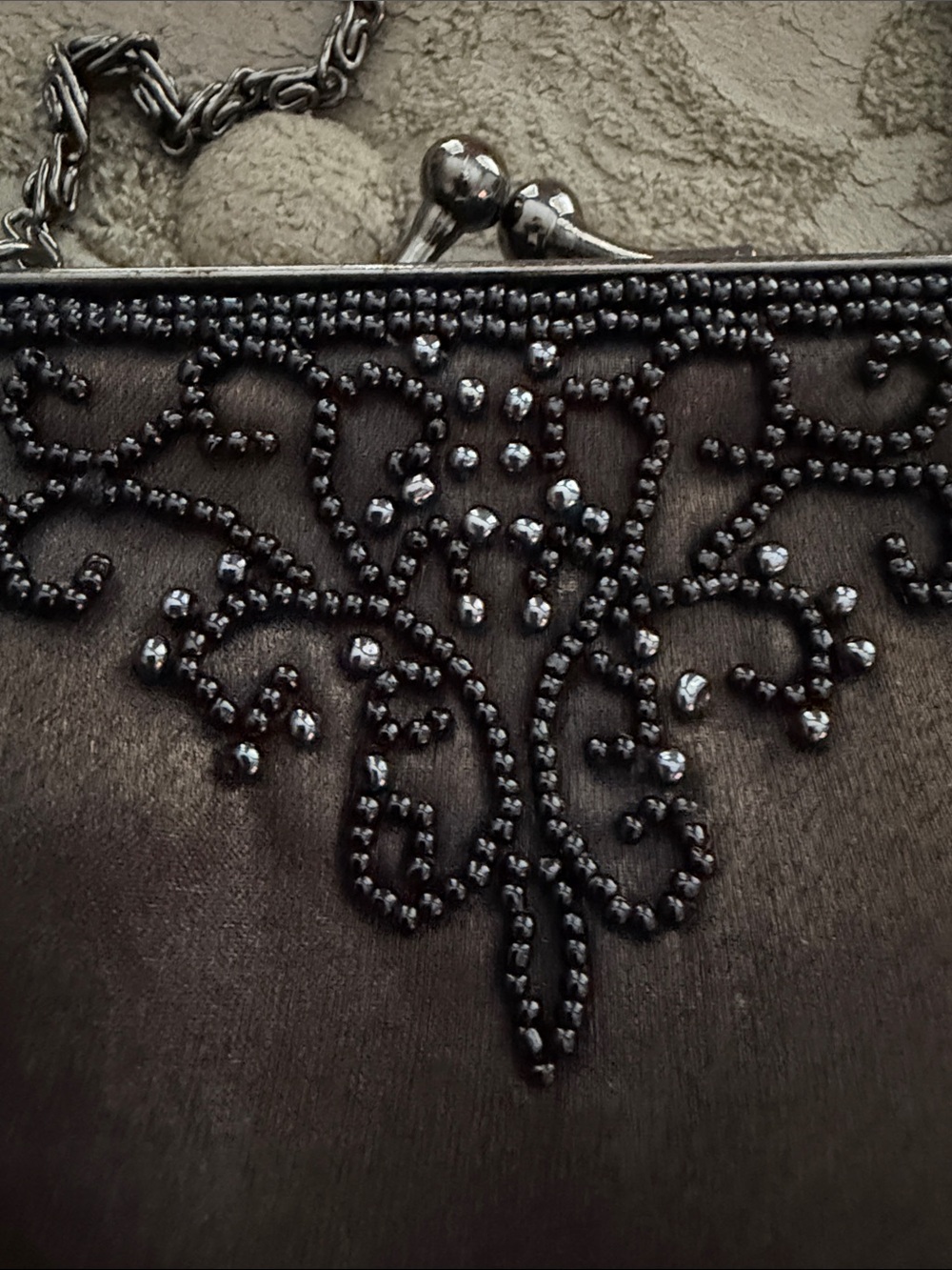 Vintage-Inspired Brown Beaded Sateen Evening Bag with Long Chain Strap - Picture 3 of 7